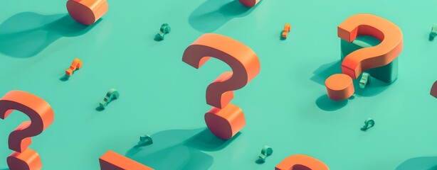 Poster - 3D isometric orange question marks on a teal background in a minimalist style, creating a visually striking and thought-provoking image with clean design lines.