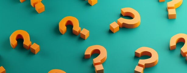 Poster - 3D isometric orange question marks on a teal background in a minimalist style, creating a visually striking and thought-provoking image with clean design lines.