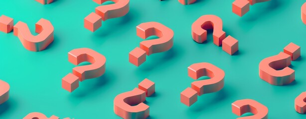 Poster - 3D isometric orange question marks on a teal background in a minimalist style, creating a visually striking and thought-provoking image with clean design lines.