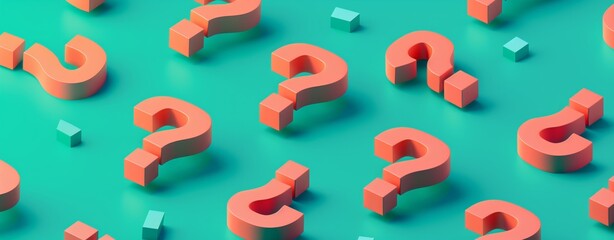 Poster - 3D isometric orange question marks on a teal background in a minimalist style, creating a visually striking and thought-provoking image with clean design lines.