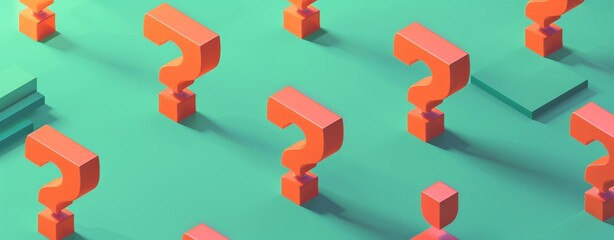 Poster - 3D isometric orange question marks on a teal background in a minimalist style, creating a visually striking and thought-provoking image with clean design lines.