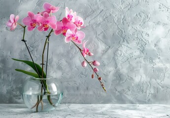 Pink Orchid in a Glass Vase Against a Gray Background