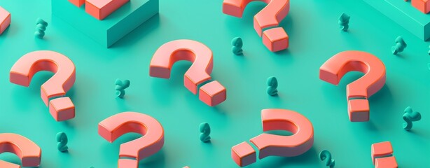 Poster - 3D isometric orange question marks on a teal background in a minimalist style, creating a visually striking and thought-provoking image with clean design lines.