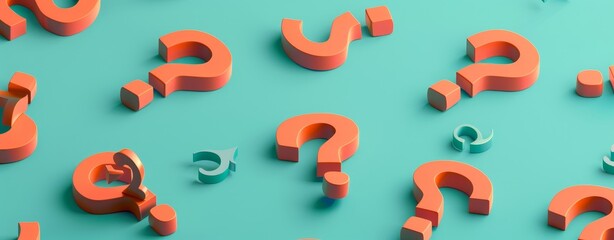 Poster - 3D isometric orange question marks on a teal background in a minimalist style, creating a visually striking and thought-provoking image with clean design lines.