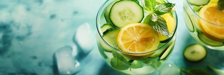 Poster - A close-up image of two glasses of detox water filled with sliced cucumber, lemon, and fresh mint leaves. The glasses are on a blue background with ice cubes. These refreshing drinks are perfect for h