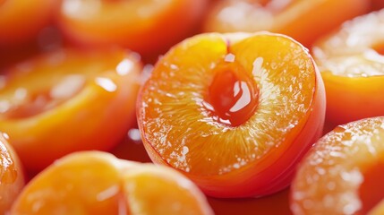 Canvas Print - A close-up image showcasing the vibrant orange hues of ripe apricots. Their smooth skin and glistening texture evoke a sense of freshness and summery delight. The image captures the essence of juicy s