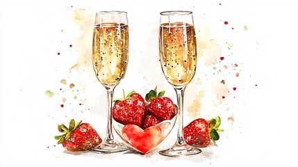 Watercolor champagne flutes with bubbles and a heart-shaped bowl of strawberries, illustrated on a white background.