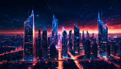 Futuristic Cityscape at Dusk with Neon Glows