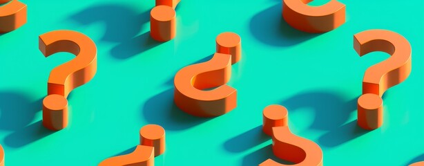 Poster - 3D isometric orange question marks on a teal background in a minimalist style, creating a visually striking and thought-provoking image with clean design lines.
