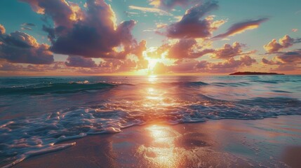 Cinematic still of a sunset view on the beach, capturing the serene and warm colors of the evening sky over the calm ocean.