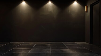 Poster - Photorealistic interior shot of an empty space at night, featuring clean lines and ambient lighting, captured with a medium format camera.