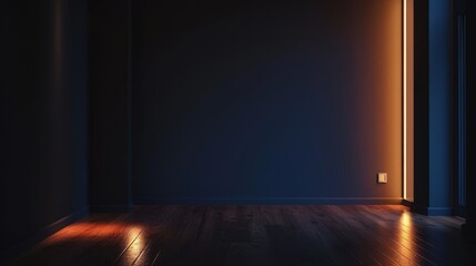 Poster - Photorealistic interior shot of an empty space at night, featuring clean lines and ambient lighting, captured with a medium format camera.