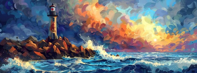 Poster - Mosaic tile kitchen backsplash featuring a lighthouse with waves crashing on the rocks, designed in a low-polygon count and flat color palette.