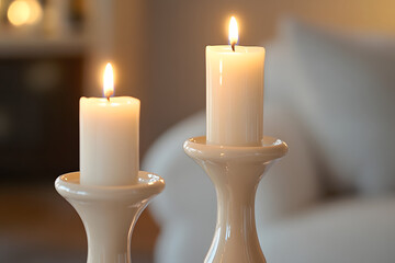 a pair of ceramic candlesticks with a glossy finish, each holding a slender, white candle