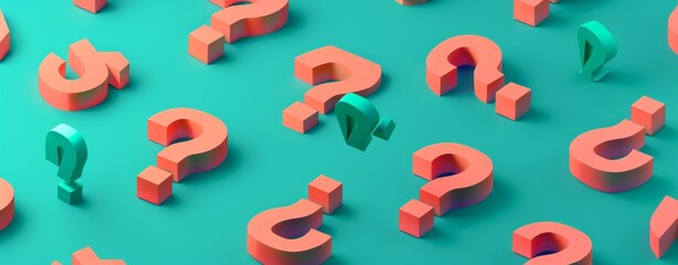 Poster - 3D Isometric Orange Question Marks on Teal Background, Rendered in Minimalist Style for Clean and Modern Visual Appeal