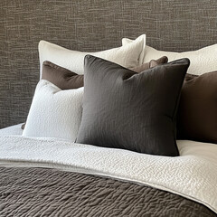 Wall Mural - A close-up of linen bedding, showcasing the texture and softness against a wallpaper background. The focus is on one or two pillows placed next to each other. Soft, natural light.