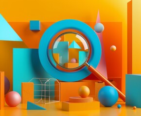 Poster - LinkedIn and Instagram Feed Analyzed by Magnifying Glass, Featuring Geometric Forms in a 3D Render
