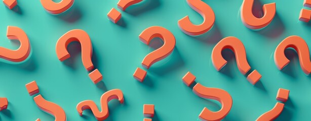 Poster - 3D Isometric Orange Question Marks on Teal Background in Minimalist Style for Modern Visual Appeal