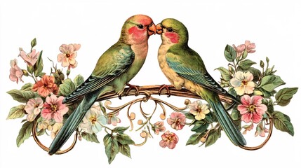 A vintage illustration of lovebirds perched together with a decorative floral border, set against a white background.