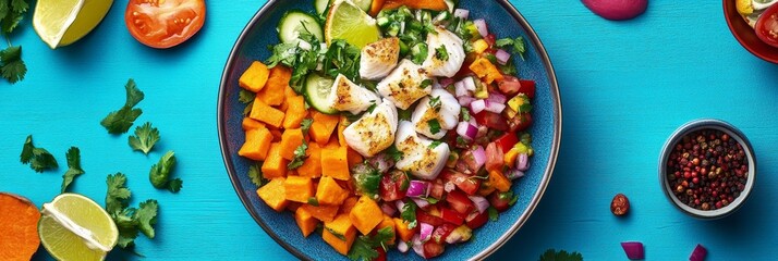 Wall Mural - A colorful and flavorful ceviche bowl featuring fresh fish, diced tomatoes, red onions, cilantro, and lime juice, served with roasted sweet potato and topped with a sprinkle of fresh herbs. This dish 