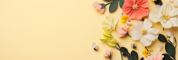 a delicate arrangement of paper flowers in shades of pink, white, and yellow on a pale yellow backgr