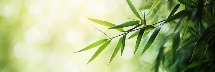 Wall Mural - A delicate bamboo branch with soft, blurred leaves against a backdrop of natural light. The image evokes tranquility, growth, and the beauty of nature.