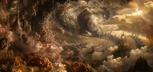 Surreal Golden Fantasy Landscape with Spirals