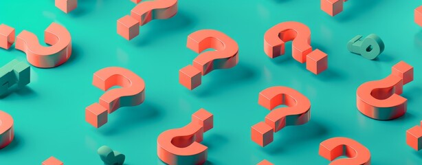 Poster - 3D isometric orange question marks on a teal background, designed with minimalism for a clean, modern, and visually striking effect.