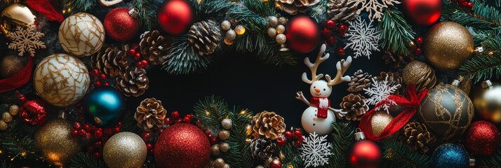 Poster - A festive Christmas wreath adorned with ornaments, pine cones, and a snowman, symbolizing joy, celebration, winter, tradition, and holiday spirit.