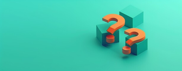 Poster - Minimalist 3D isometric design with orange question marks on a teal background, showcasing clean lines and modern style in a striking visual presentation.