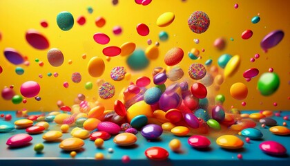 round candies of different colors scattered on the table and flying all over the photo on a bright background
