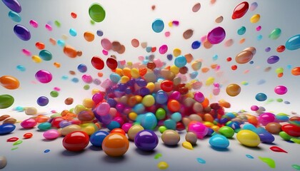 round candies of different colors scattered on the table and flying all over the photo on a bright background
