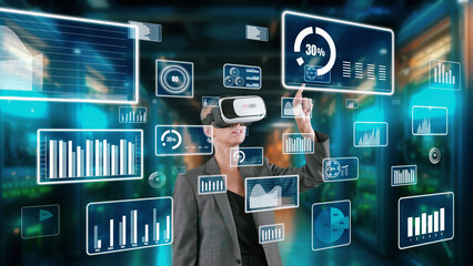 Wall Mural - Woman selecting big data dynamic market percentage analysis graph by VR future global innovation interface digital infographic network technology visual hologram animation at server room. Contraption.