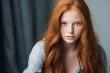 Wall Mural - A woman with red hair and blue eyes is sitting in front of a window