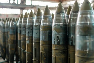 Close-up photo of new metal 155 mm artillery shells at a weapons factory, showcasing their vintage appearance and detailed craftsmanship.