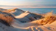© Monty - Michigan Coastal Landscape: Large Sand Dunes with Warm Tan, Orange, and Indigo Tones, Bathed in Sunlight and Mist