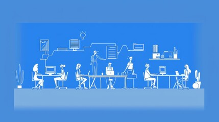 A minimalist illustration depicting a team of business people working together in a modern office setting. The image symbolizes collaboration, communication, and the power of shared ideas. The use of 