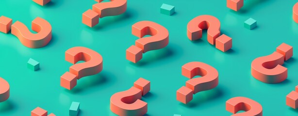 Poster - 3D Isometric Orange Question Marks on Teal Background: Minimalist Style with Clean Lines