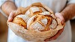 ©  Shomixer - An aesthetically pleasing, close-up image featuring freshly baked, crusty bread being lifted out of a paper bag by a person's hands, symbolizing homemade goodness.