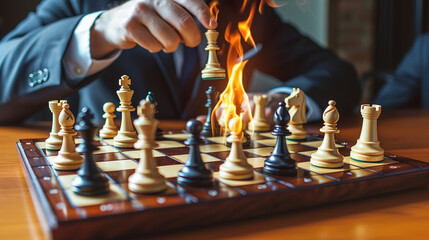 game of chess, business strategy concept, one of them has burning pieces, dramatic style