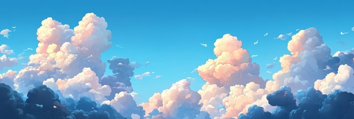 Canvas Print - A serene and captivating panorama of fluffy cumulus clouds against a vibrant blue sky, symbolizing peace, freedom, hope, and the vastness of nature.