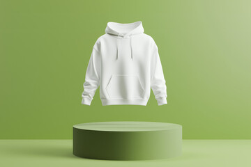 Blank Mockup Hoodie design floating above a podium with an isolated neutral green color background