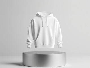 Wall Mural - Blank Mockup Hoodie design floating above a podium with an isolated neutral silver color background