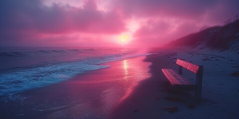 Wall Mural - Stunning Foggy Pink Sunset Over Shoreline Beach: Horizontal View, Ocean Horizon, Soft Pastel Gradient, Tranquil Atmosphere