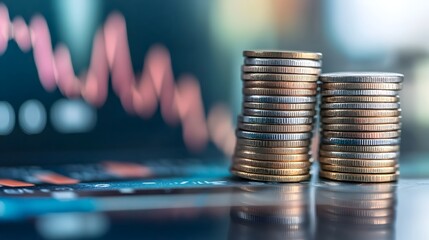 Poster - Financial Growth and Investment   Coins Stacked with Analytics Graph Depicting Profit Revenue and Economic Trends