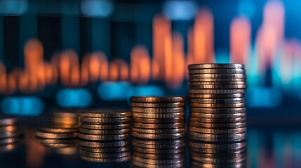 Poster - Stacked Coins Overlaying a Financial Data Graph in the Background Providing Copy Space for Text or Overlay