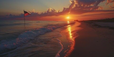 Wall Mural - US Flag at Florida Beach Sunset: Photo-Realistic, Golden Hues, Vibrant Colors, 2:1 Aspect Ratio