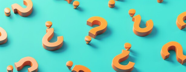 Poster - 3D Isometric Orange Question Marks on Teal Background: Minimalistic Style, 64:25 Aspect Ratio