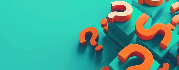 Poster - 3D Isometric Orange Question Marks on Teal Background: Minimalistic Style, 64:25 Aspect Ratio