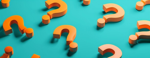 Poster - 3D Isometric Orange Question Marks on Teal Background: Minimalist Style with Clear and Simple Design, 64:25 Aspect Ratio
